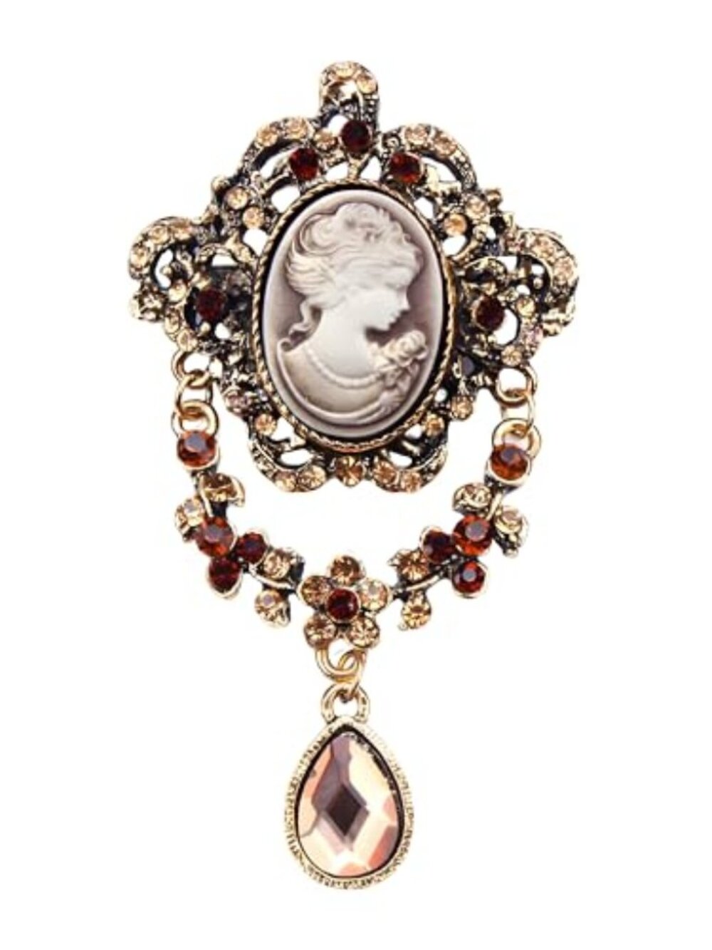 Vintage Cameo Lady Brooch Pin for Women Antique Rhinestone Victorian Teardrop
